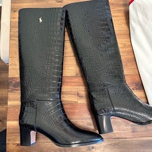 NEW Ralph Lauren Black Crocodile Embossed Tall Leather Boots